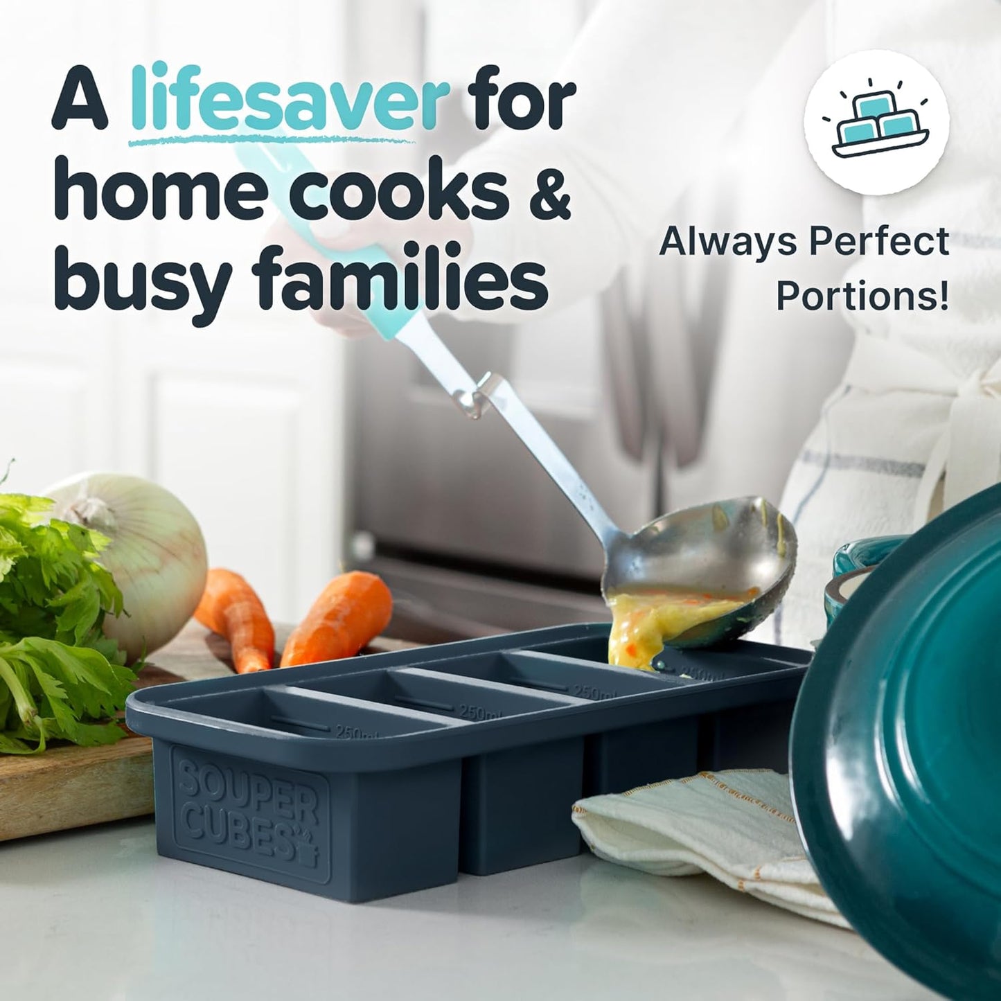 Souper Cubes 1 Cup Silicone Freezer Tray with Lids, Perfect for Storing Broth, Leftovers, Rice, Sauce and More, Silicone Soup Freezer Molds for Meal Prepping - Charcoal - 2-Pack