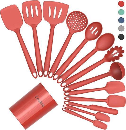 Coukre Silicone Kitchen Cooking Utensils Set with Holder – Heat-Resistant, Food-Grade Kitchen Tools, Spatula, Spoon & Gadgets for Non-Stick Pans, Dishwasher Safe (14, PureRed)