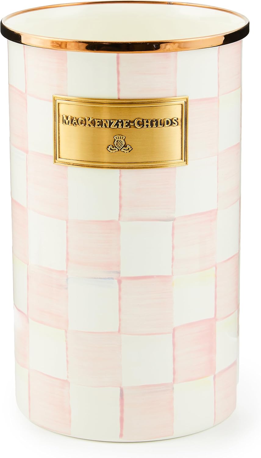 MACKENZIE-CHILDS Enamel Utensil Holder, Kitchen Utensil Holder for Countertop, Storage Caddy, Pink-and-White Rosy Check