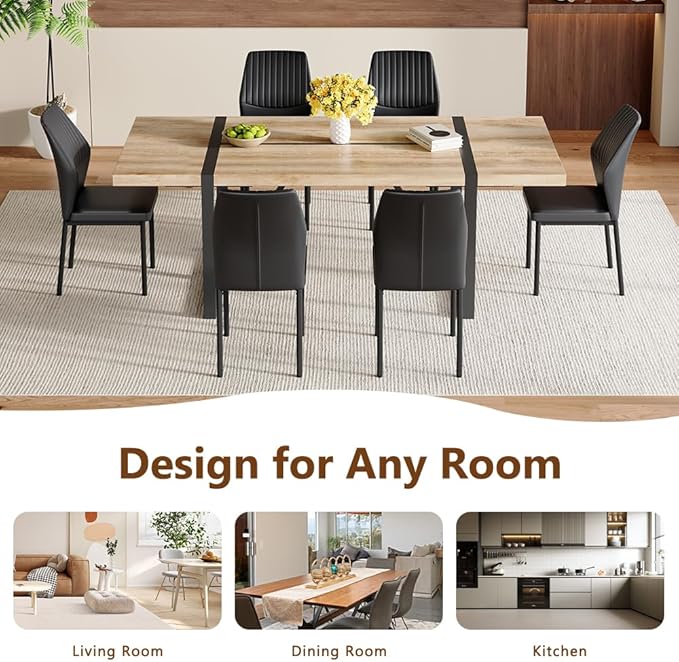 86.6" Dining Table Set for 6, Modern 7 Piece Wood Kitchen Table and Chairs Set, Rectangle Dining Room Table with 6 PU Leather Upholstered Chairs, Ideal for Apartment, Kitchen, Dining Room