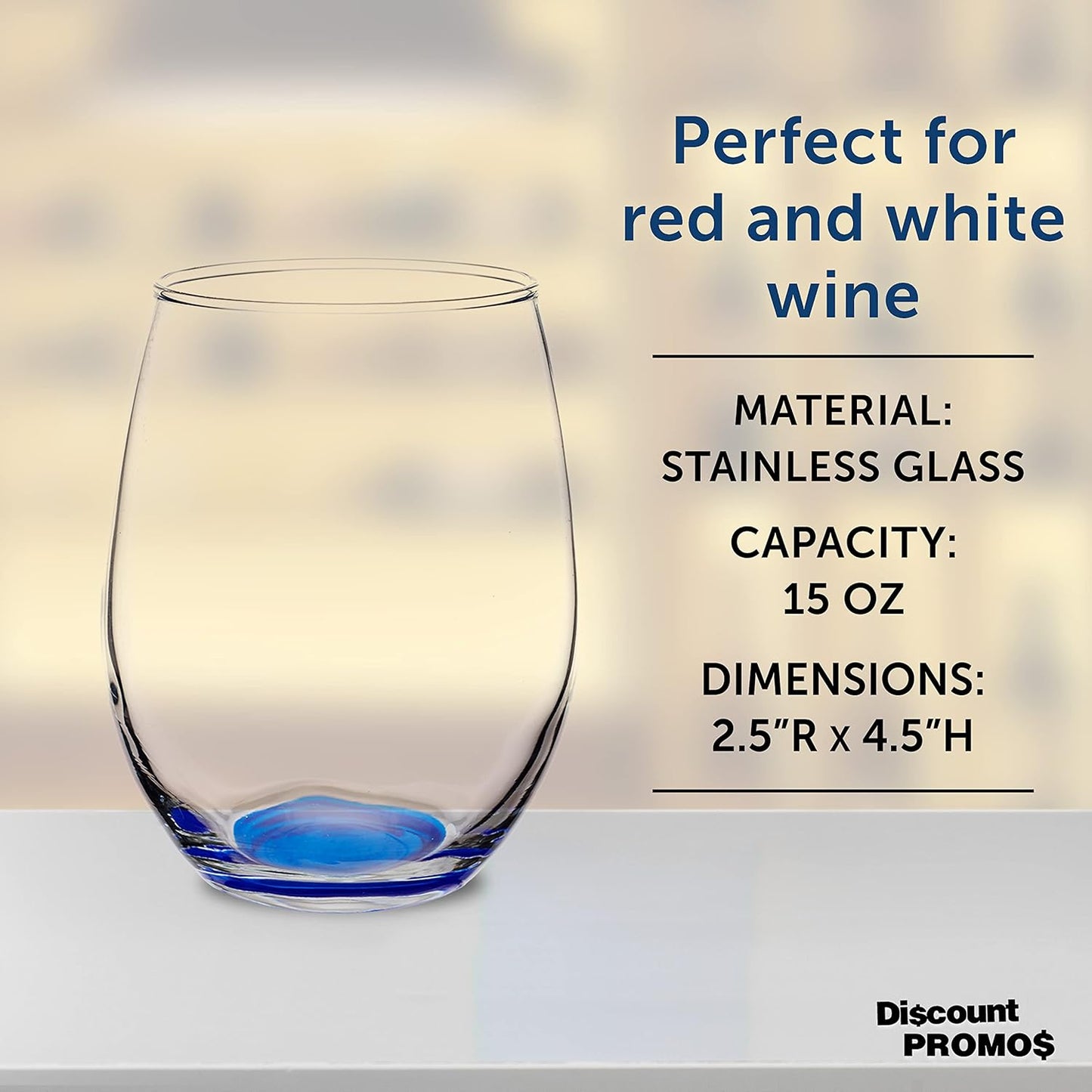 DISCOUNT PROMOS Stemless Wine Glasses in Bulk by ARC Perfection, 15 oz -10 pack, Red or White Wine Glass Drinking Set, Blue