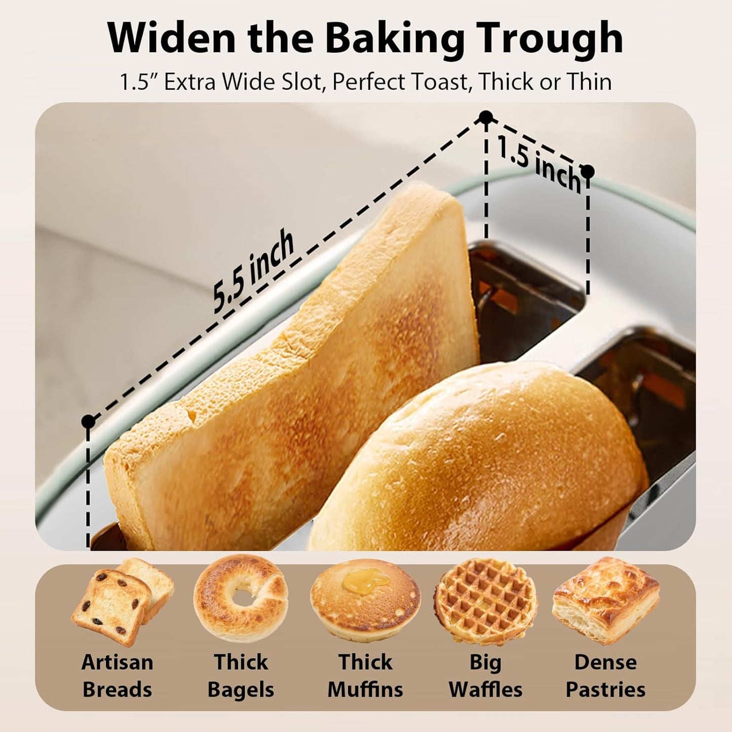 2-Slice Toaster 1.5" Extra Wide Slot Stainless Steel with High Lift Lever, 6 Presets & Bagel/Defrost/Cancel Function, Removal Crumb Tray, Under Base Cord Storage, Green