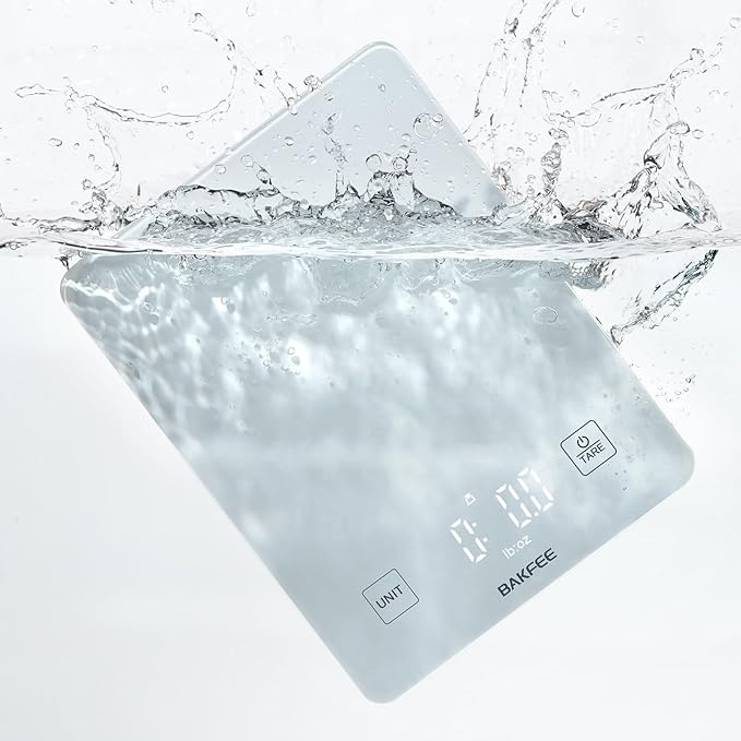 IP67 Waterproof Food Scale with Tempered Glass Surface, 22lb Kitchen Scale 1g Precision, USB Rechargeable, LED Display, Grams and Ounces, for Baking, Cooking, Making Sourdough Bread. White