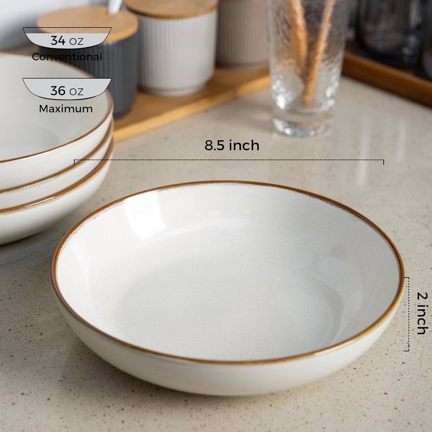 AmorArc 8.5'' Large Pasta Bowls, 36oz Ceramic Salad Serving Bowls Set of 4 for Kitchen, Wide Stoneware Bowls for Pasta,Salad,Fruit,Bread, Microwave Safe, Reactive-Pearl White