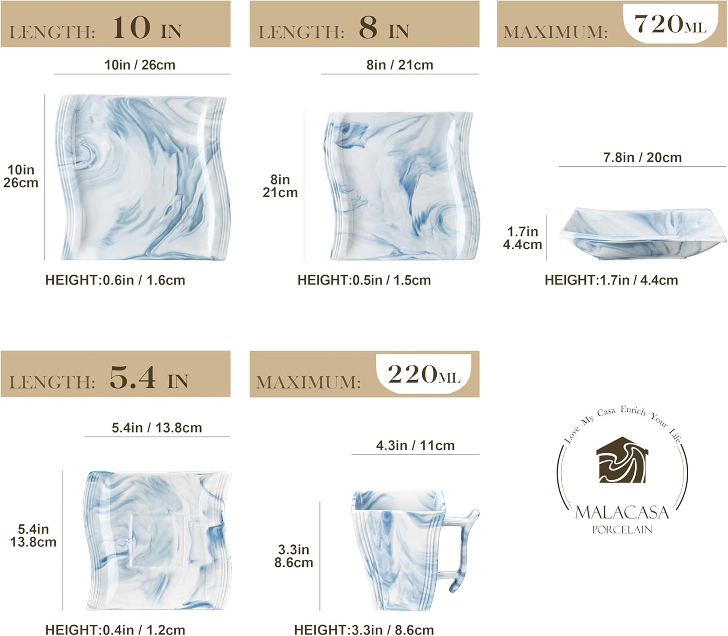 MALACASA Dinnerware Sets for 6, 30 Piece Porcelain Plates and Bowls Sets, Square Dish Set with Dinner Plate and Bowl, Cup and Saucer, Blue Dishes Dinnerware Set, Modern Dishware Sets, Series Flora