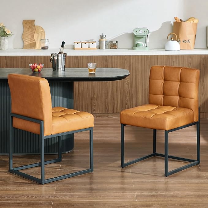 Brown Faux Leather Dining Chairs Set of 4, Mid-Century Modern Dining Room Chairs with Armless, Checkered Kitchen Chair with Metal Legs