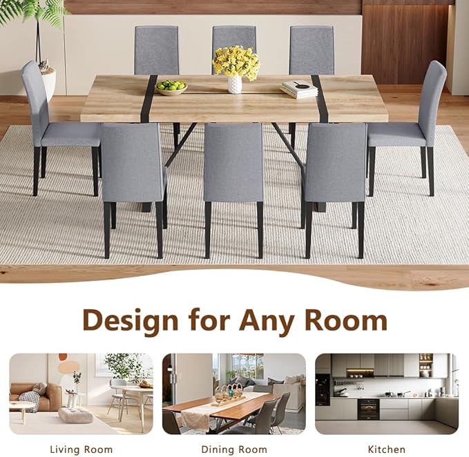 86.6" Dining Table Set for 8, Modern 9 Piece Wood Kitchen Table and Chairs Set, Rectangle Dining Room Table with 8 Linen Fabric Upholstered Chairs, Ideal for Home, Kitchen, or Apartment Dining