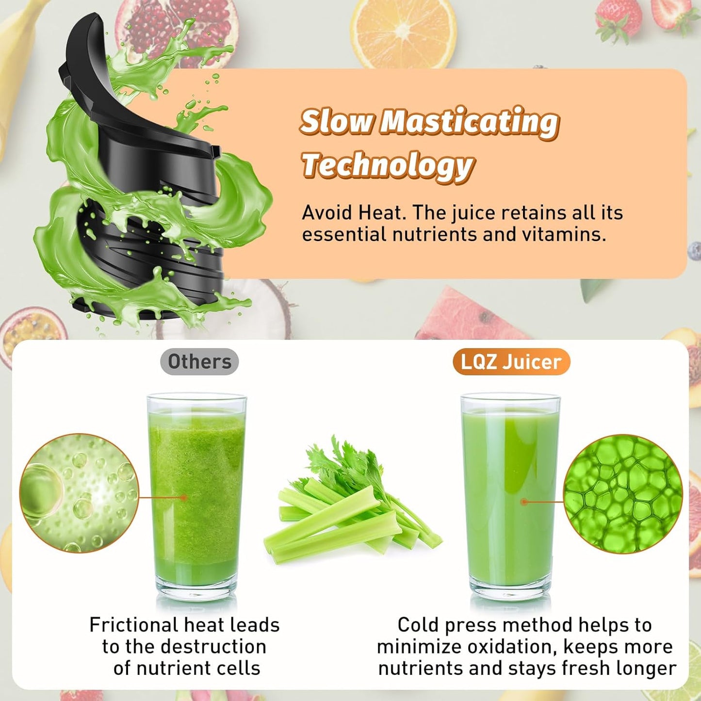 Cold Press Juicer, Juicer Machines with 5.4" Wide Feed Chute for Juice Extractor, Professional Slow Masticating Juicer for Whole Vegetables & Fruits with High Juice Yield, Easy to Clean (Black)