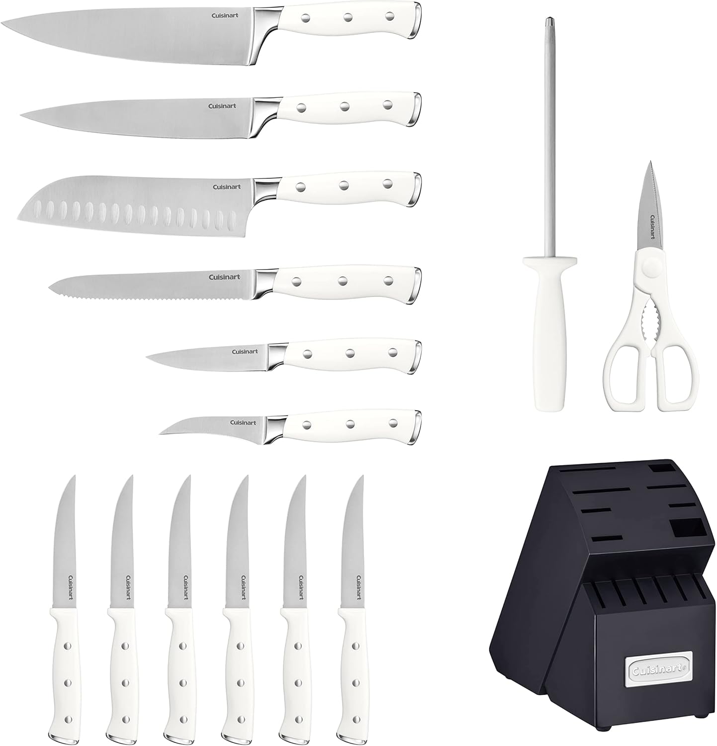 Cuisinart 15-Piece Knife Set with Block, High Carbon Stainless Steel, Forged Triple Rivet, White/Navy C77WTR-15PN