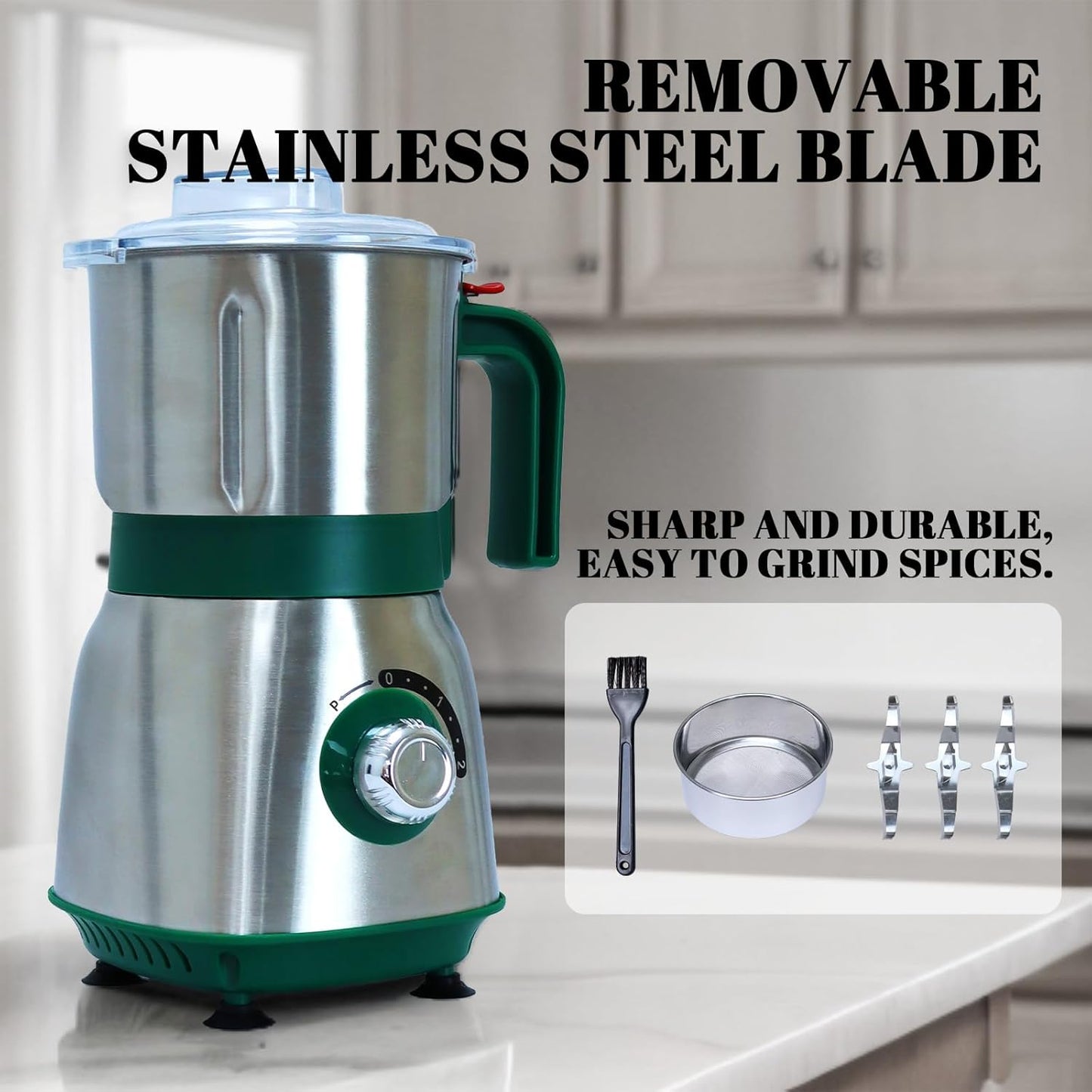 Versatile Kitchen Grinder | 500W Electric Mill | Grinds Spices, Nuts, Grains, Coffee | 3 Stainless Steel Blades | Wet & Dry Use (Green)