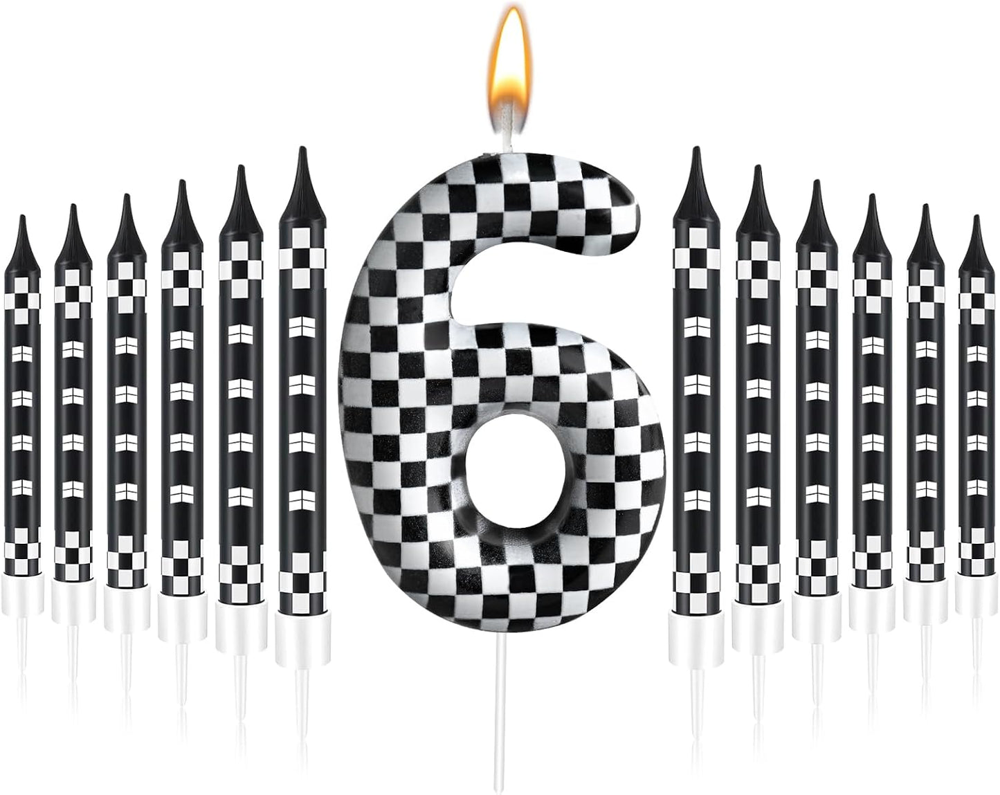 13 Pcs Racing Cars Themed Birthday Candles 12 Black and White Race Number 6 Checkered Candle Cake Topper for Racing Car Party Decoration Supplies (Number 6)