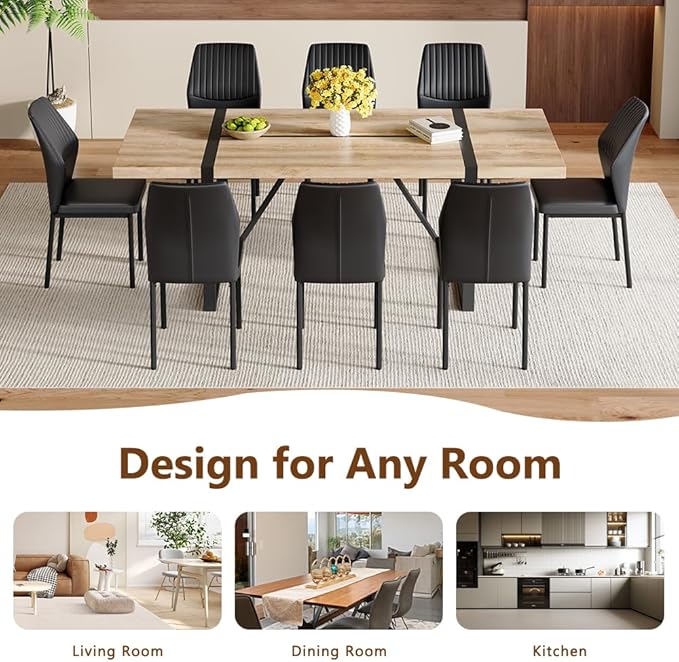 86.6" Dining Table Set for 8, Modern 9 Piece Wood Kitchen Table and Chairs Set, Rectangle Dining Room Table with 8 PU Leather Upholstered Chairs, Ideal for Home, Kitchen, or Apartment Dining