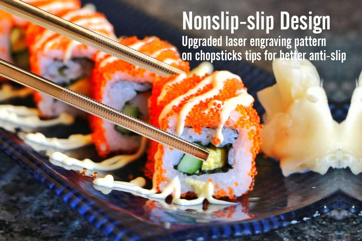 Metal Chopsticks Titanium Plated Stainless Steel Chopsticks Reusable Dishwasher safe Japanese Korean Chopstick lightweight Laser Engraved Anti-slip Chop sticks for Eating 2 Pairs Gift Set Blue Gold