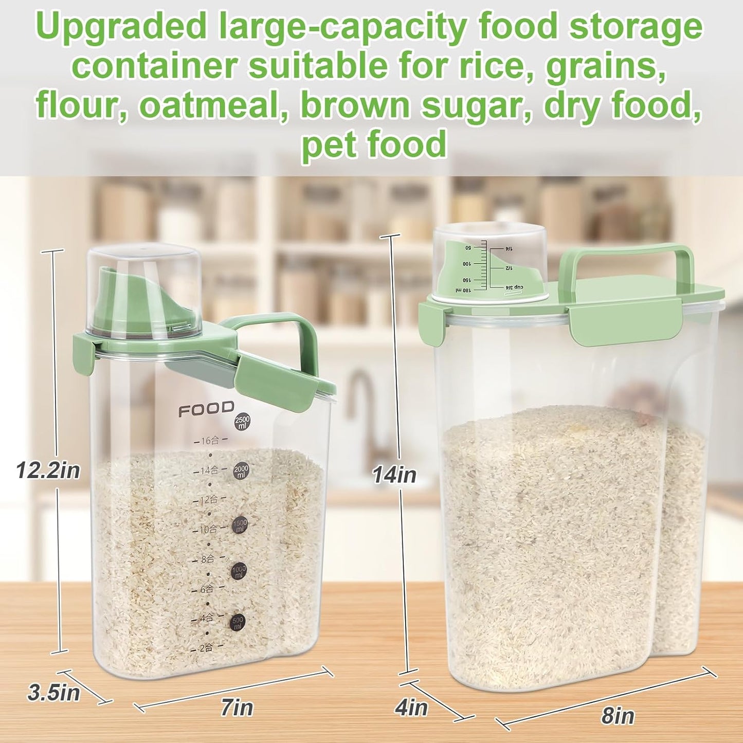 Rice Storage Container, Cereal Containers Storage, Dry Food Airtight Dispenser BPA Free, Clear Plastic Kitchen and Pantry Organization Bin (2, Green, 3Qt)