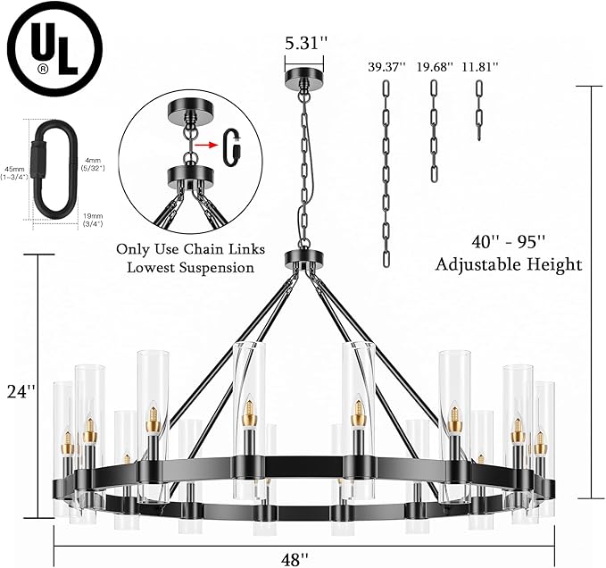 48 Inch Black Wagon Wheel Chandelier with Glass Shade, 16 Lights, Modern Farmhouse Style, Ideal for Dining Room, Kitchen, Entryways