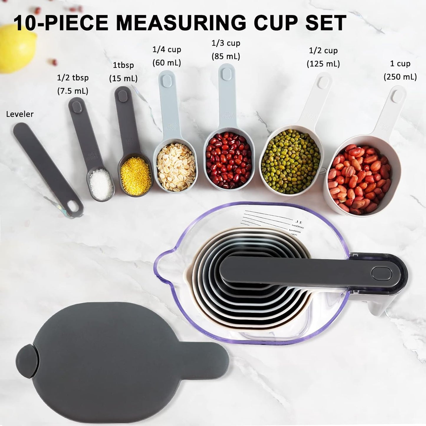 11 Pieces Measuring Cups and Spoons set, Includes 10 Stackable Measuring Cup with Lid and 1 Adjustable Measuring Spoon for Liquid and Dry, Kitchen Cooking & Baking, Blue