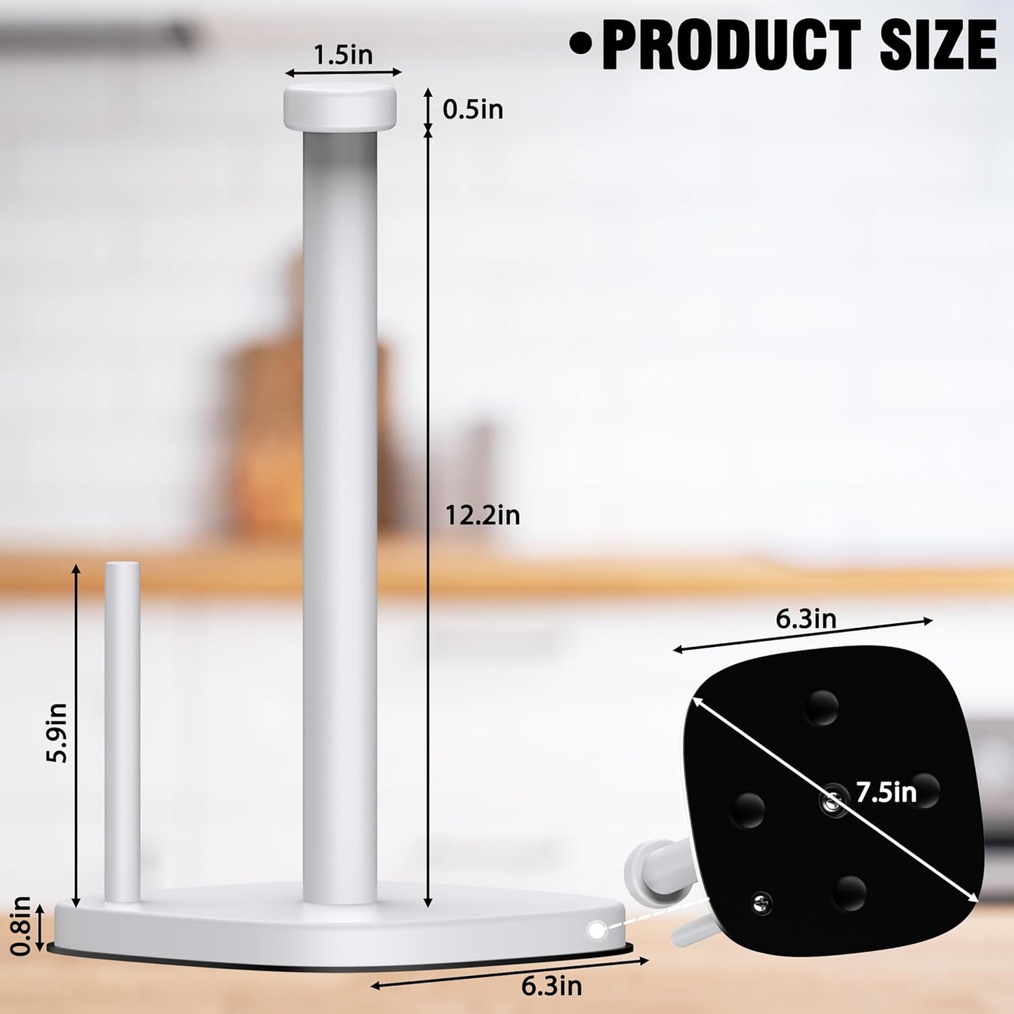 Paper Towel Holder Countertop, Standing Paper Towel Roll Holder for Kitchen Bathroom Organize, Stand with Weighted Base Suction Cups, Stainless Steel One-Handed Operation (White)