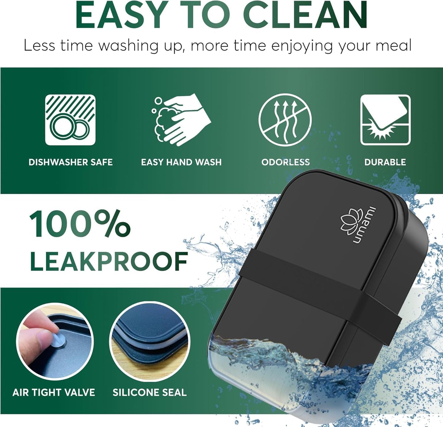 Umami Bento Box Adult All-in-1 w/ 4 Utensils, 100% Leakproof, Dishwasher & Microwave Safe Lunch Containers for Adults w/ 4 Compartments, Black, 34 oz