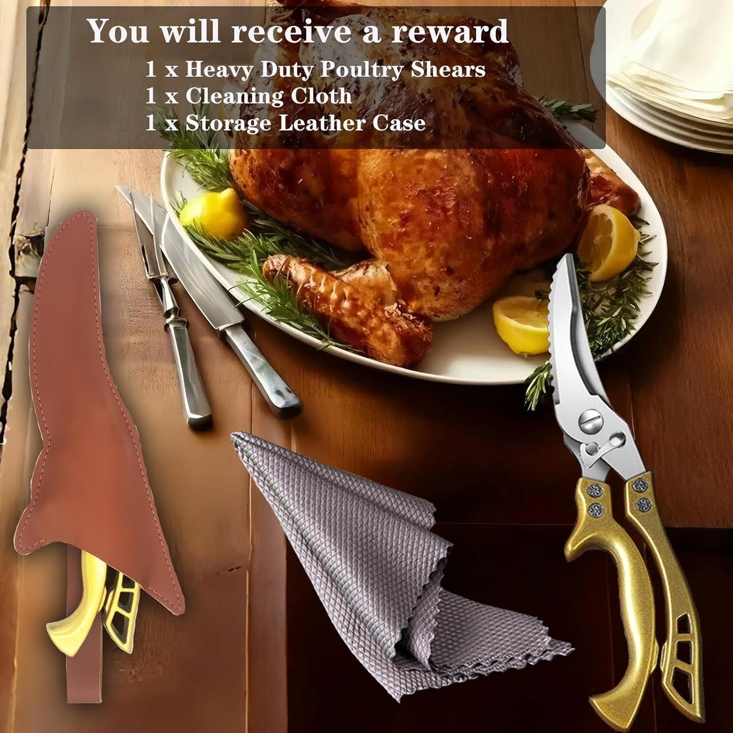 ANDONG Poultry Shears Heavy Duty Kitchen Shears with Serrated Edge, Kitchen Scissors spring loaded, Chicken Shears Heavy Duty Professional, Gold