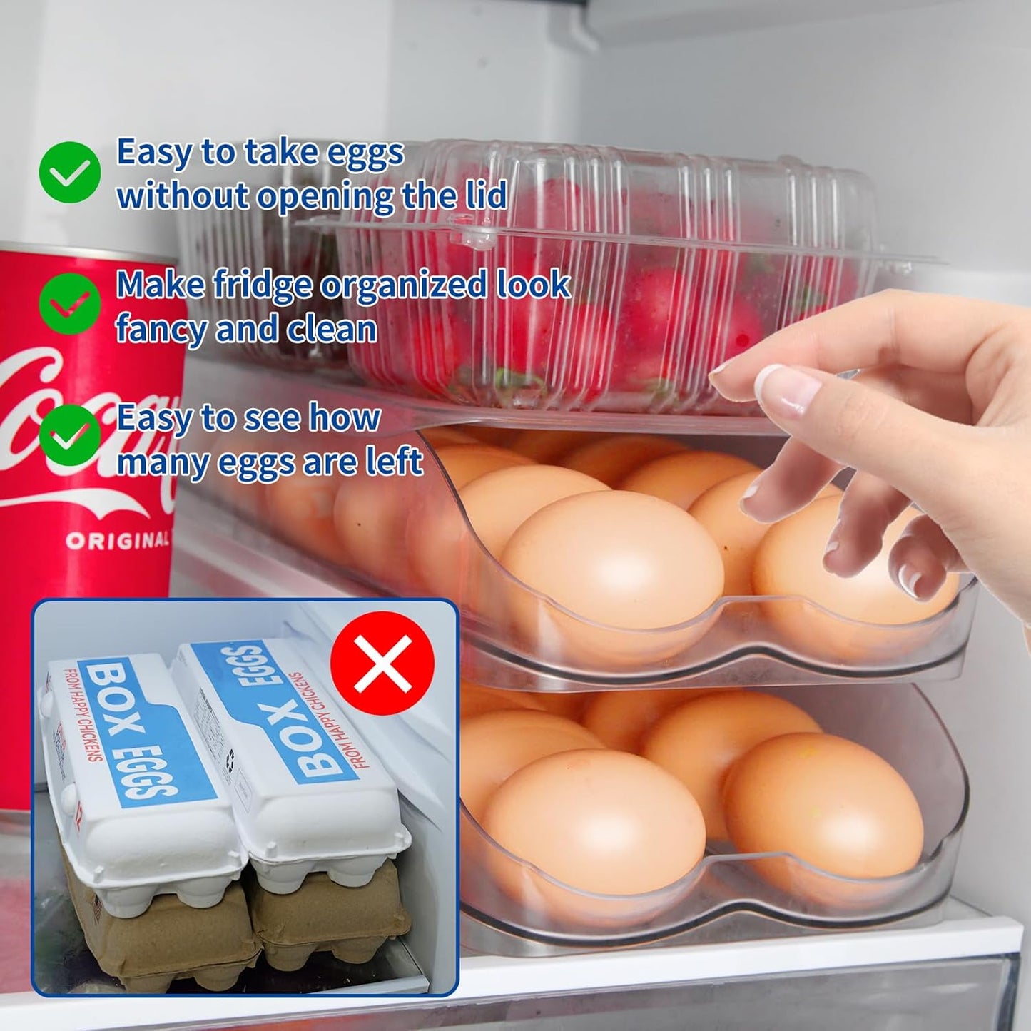 Egg Holder for Fridge, Automatic Rolling Egg Organizer for Refrigerator, Clear Plastic Egg Container & Tray, Stackable Dispenser and Storage with Sturdy Lid to Saving Space -1 Layer