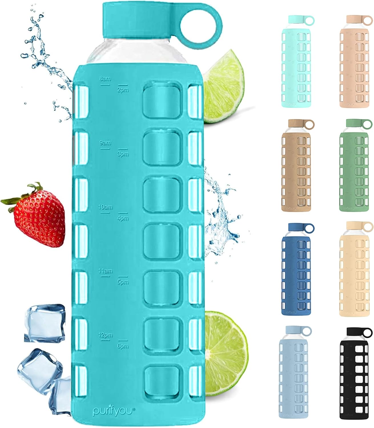 purifyou 40oz / 32oz / 22oz / 12oz Borosilicate Glass Water Bottle with Time & Volume Markers, Silicone Sleeve, Stainless Steel Lid – Reusable Glass Bottle for Water & Juice (32oz Aqua Blue)