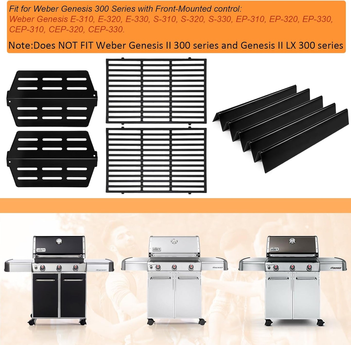 Grill Parts Replacement for Weber Genesis 300 Series E310, E320,E330,S310, S320, S330, EP310, EP320, EP330 with Front-Mounted Control,7620 Flavor Bar 7524 Grill Grates 7622 Heat Deflector