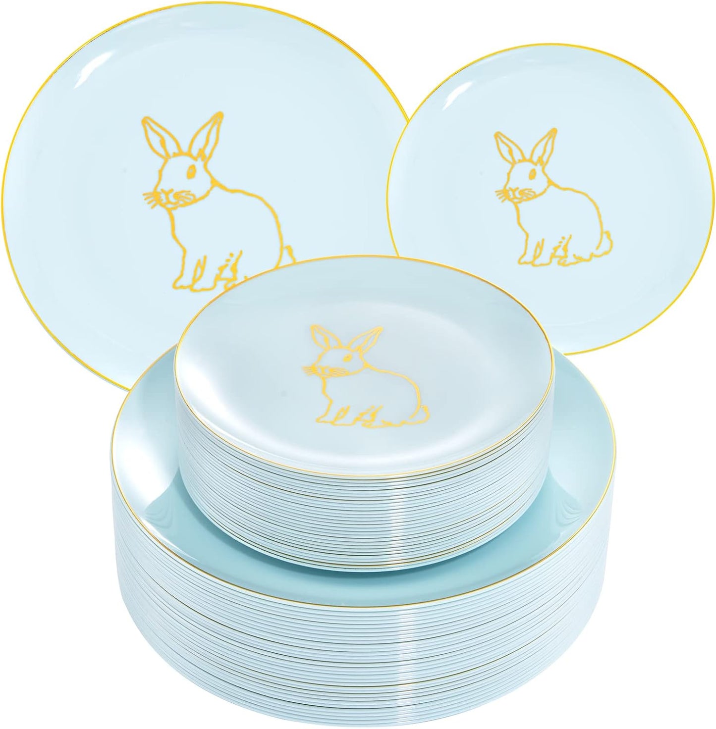 KIRE 60 Pieces Easter plates with Gold Bunny-Mint Green Plastic Plates include 30Pieces 10.25inch Dinner Bunny and 30Pieces 7.5inch Green Dessert/Salad Plates for Easter Day