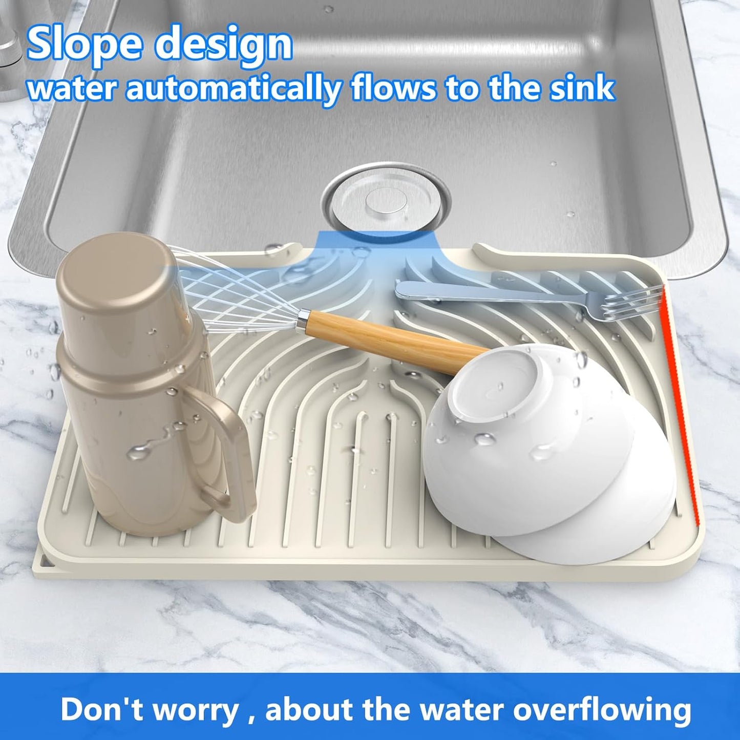 Dish Drying Matt for Kitchen Counter,14.6"×11"Silicone Dry Rack Mat with Built in Drain, Kitchen Dry Mats for Dishes Drying Pad for Counter(14.6"×11"Cream)