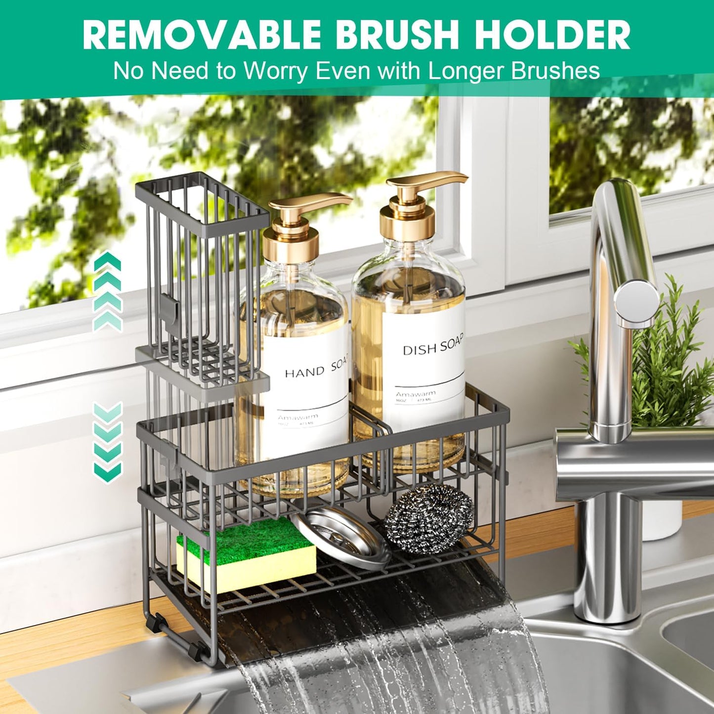 Sponge Holder for Kitchen Sink, 2 Tier Sink Caddy Organizer with High Brush Holder, Self-Draining Sponge Holder for Sinks, Soap Dispenser Organizer, Rustproof 304 Stainless Steel, Gray