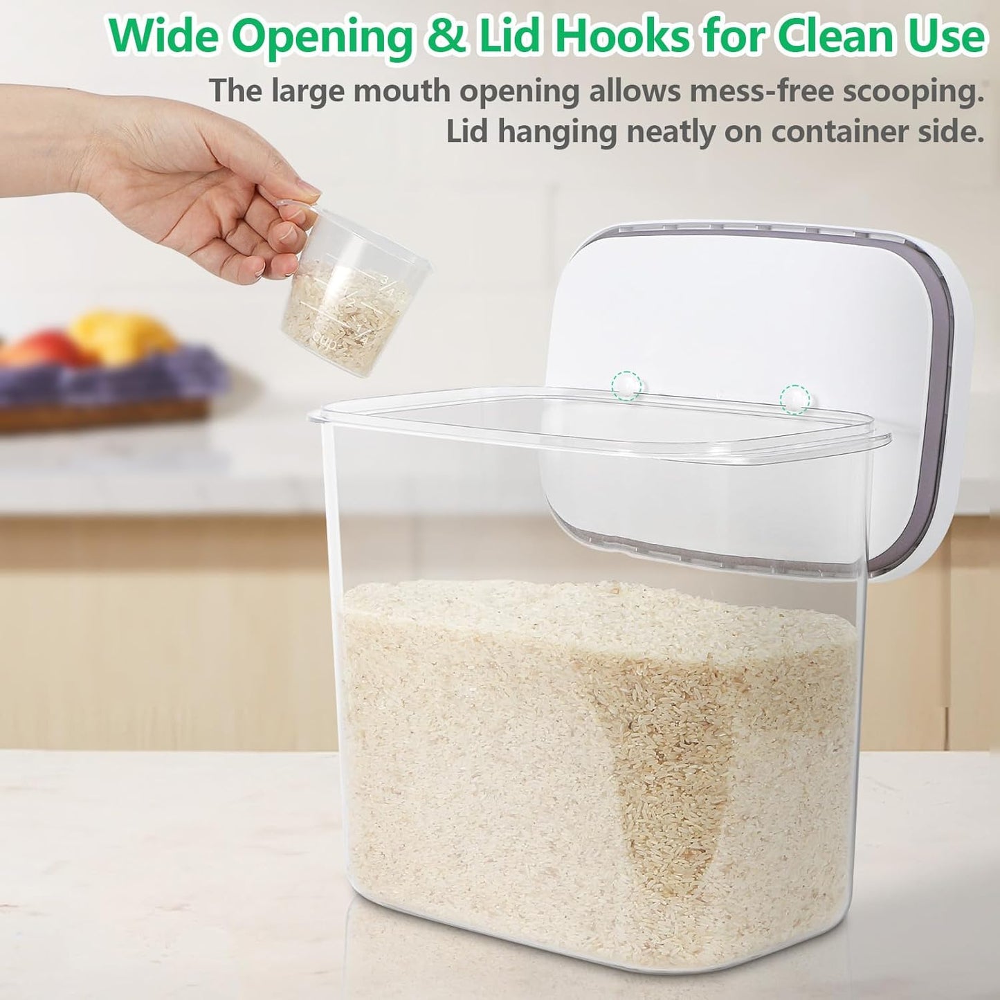 Airtight Rice Container 25 Lbs with Handle and Cup – 12.68Qt Large Flour Sugar Storage Container with Pop Up Seal & Hanging Lid Hooks, Clear Tall Food Storage Bin for Kitchen Pantry Organization