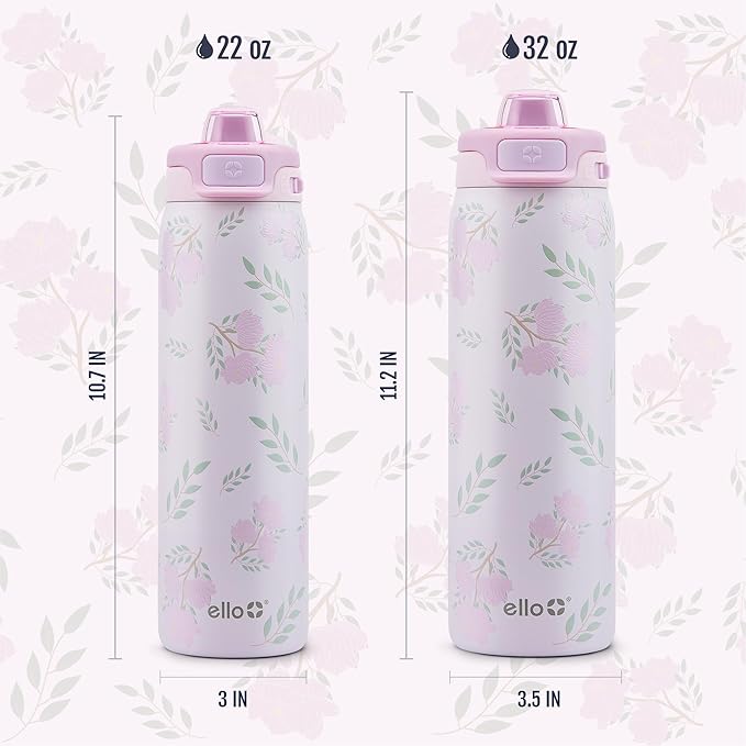 Ello Pop & Fill Stainless Steel Water Bottle with Quick Fill Technology, Double Walled Vacuum Insulated Metal, Leak Proof Locking Lid, Sip & Chug, BPA Free, Holiday Gift for Him Her, 22oz, 32oz, 40oz
