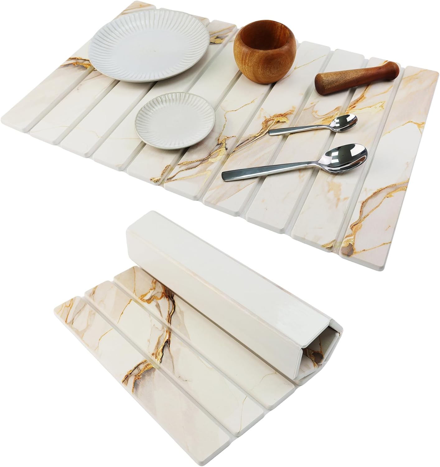 Large Stone Drying Mat for Kitchen Counter Diatomaceous Earth Collapsible 24”（L）*16”（W）Super Heat Resistant Mats, Quick Absorbent Dish Drying Rack（Gold marble）
