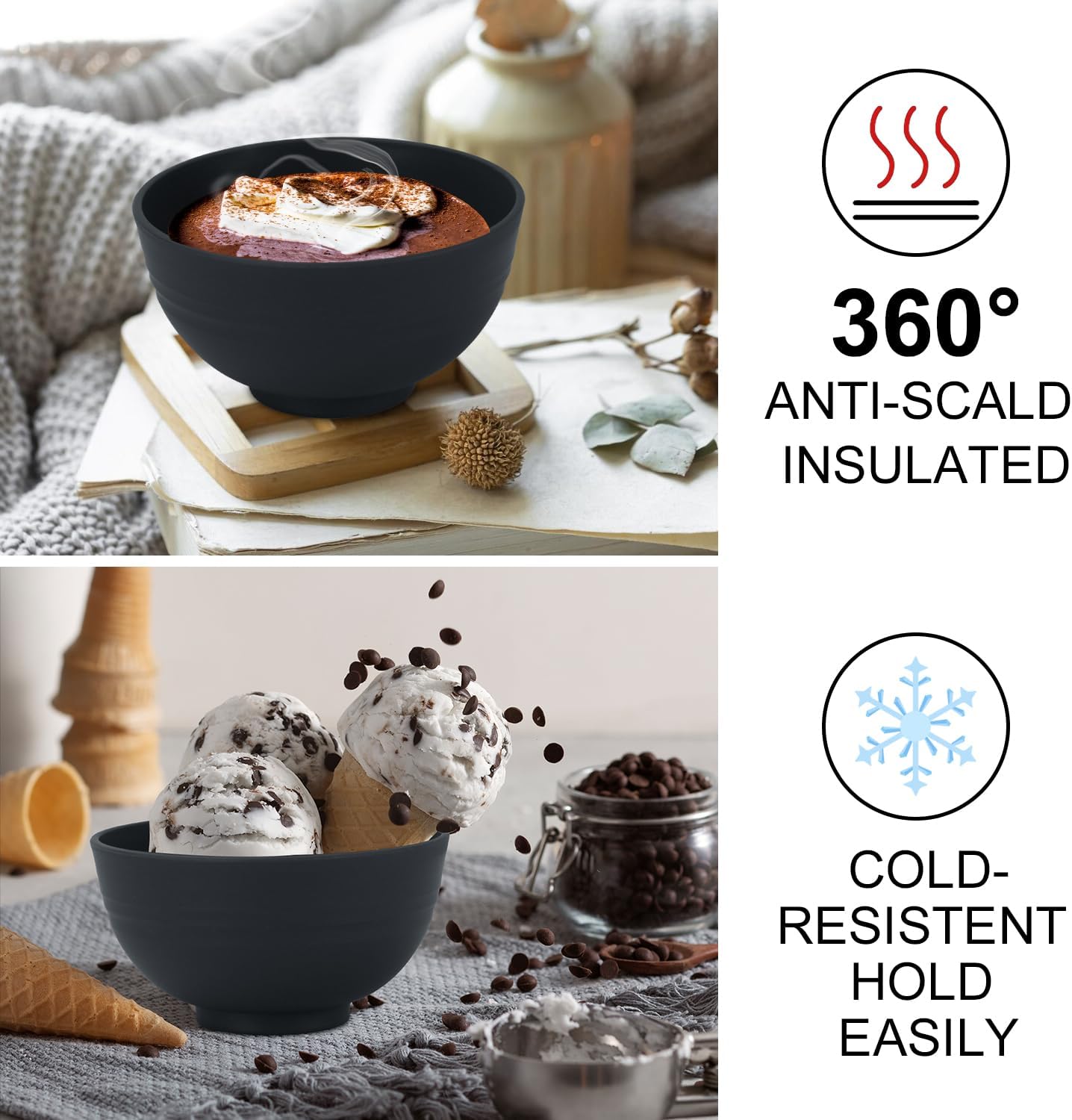 wheat straw snack bowls 10oz set of 8 - Unbreakable Dessert Bowls for kids - Mini Bowls for Ice Cream,Snack and Fruits - Microwave & Dishwasher Safe Appetizer Bowl Sets - Black