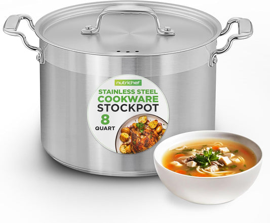 NutriChef 8 Qt Heavy-Duty Stockpot with Stainless Steel Lid - Induction Compatible Cooking Pot, Ideal for Soups and Stews