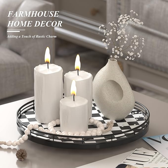 Black and White Kitchen Lazy Susan Turntable – Round Checkered Decorative Tray, 12” Table Top Oak Wood Lazy Susan for Cookies, Dining Table Organizer, Small Kitchen Table Centerpiece