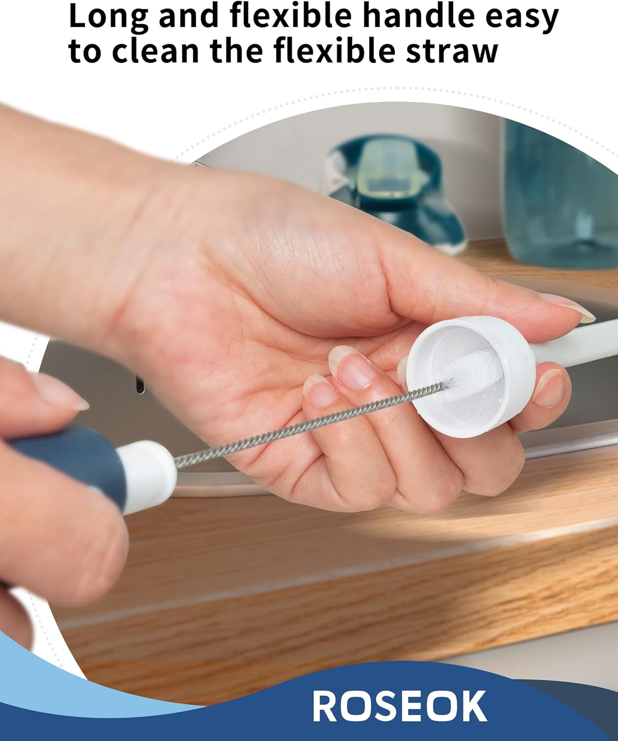 2 in 1 Long Handle Bottle Brush with Straw Brush for Cleaning Glass, Sports Bottle, Coffee Mug,Navy Blue,1 Pack