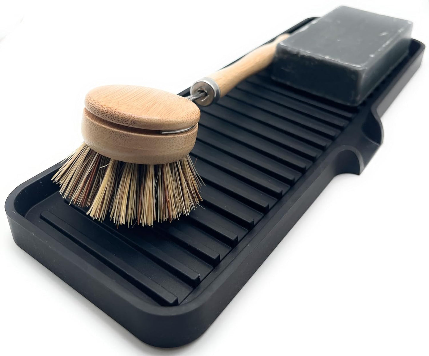 Happitasa Silicone Soap Dish Tray and Sponge Holder with Drain Chute | Bathroom and Kitchen Sink Organizer Caddy (Black, 12"x4", 7.4 Ounces)