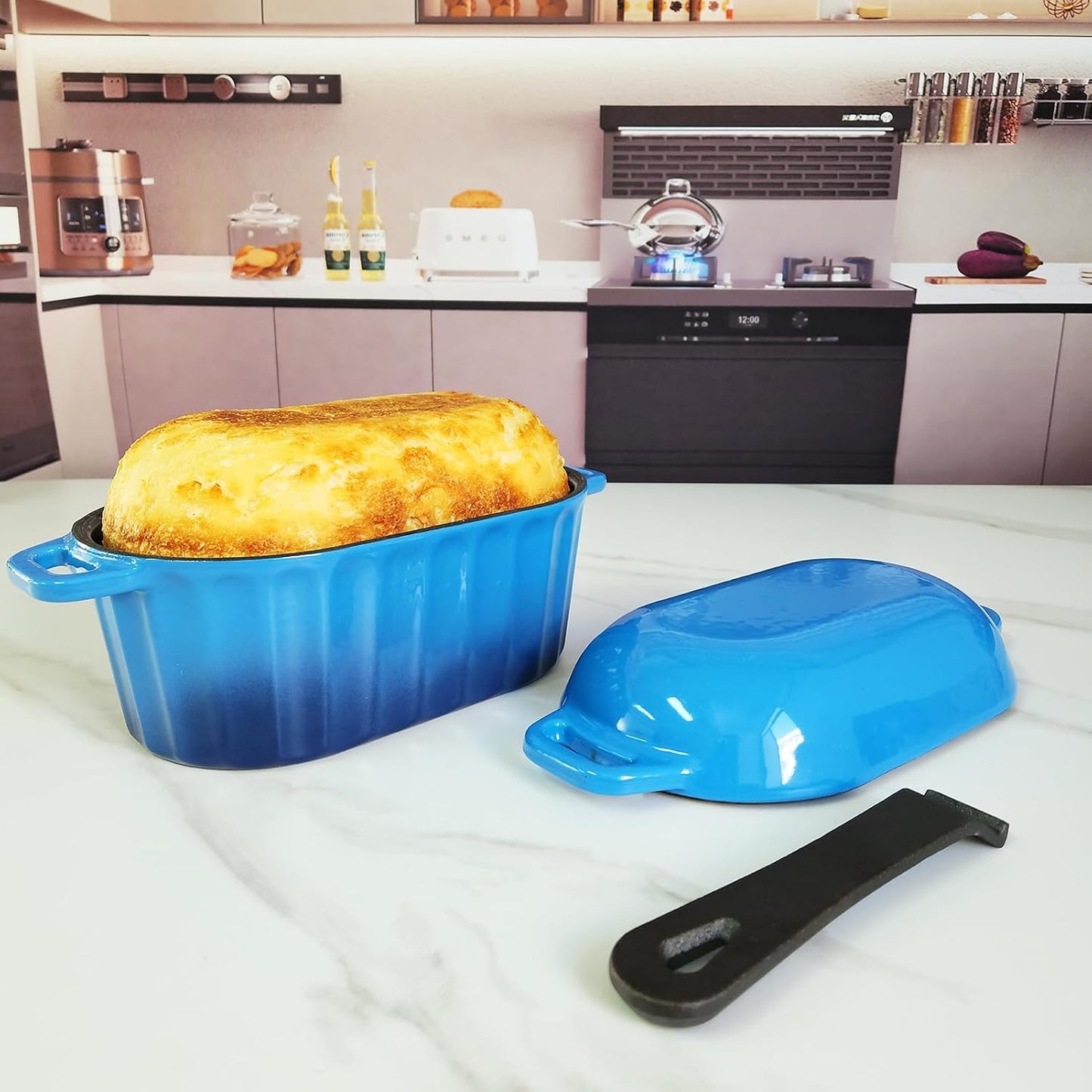 Dutch Oven Enameled Cast Iron Bread Pan with Lid Sourdough Loaf Pans for Baking Bread Large Heavy Oval Bread Dutch Oven with Movable Handle 4 Qt Blue Dishwasher Safe