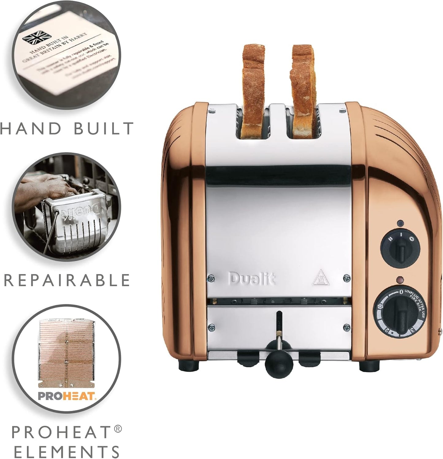Dualit Classic 2 Slice NewGen Toaster - Stainless Steel - Hand Built in the UK - Replaceable ProHeat elements - Defrost Bread - Mechanical Timer - Copper Classic Toaster