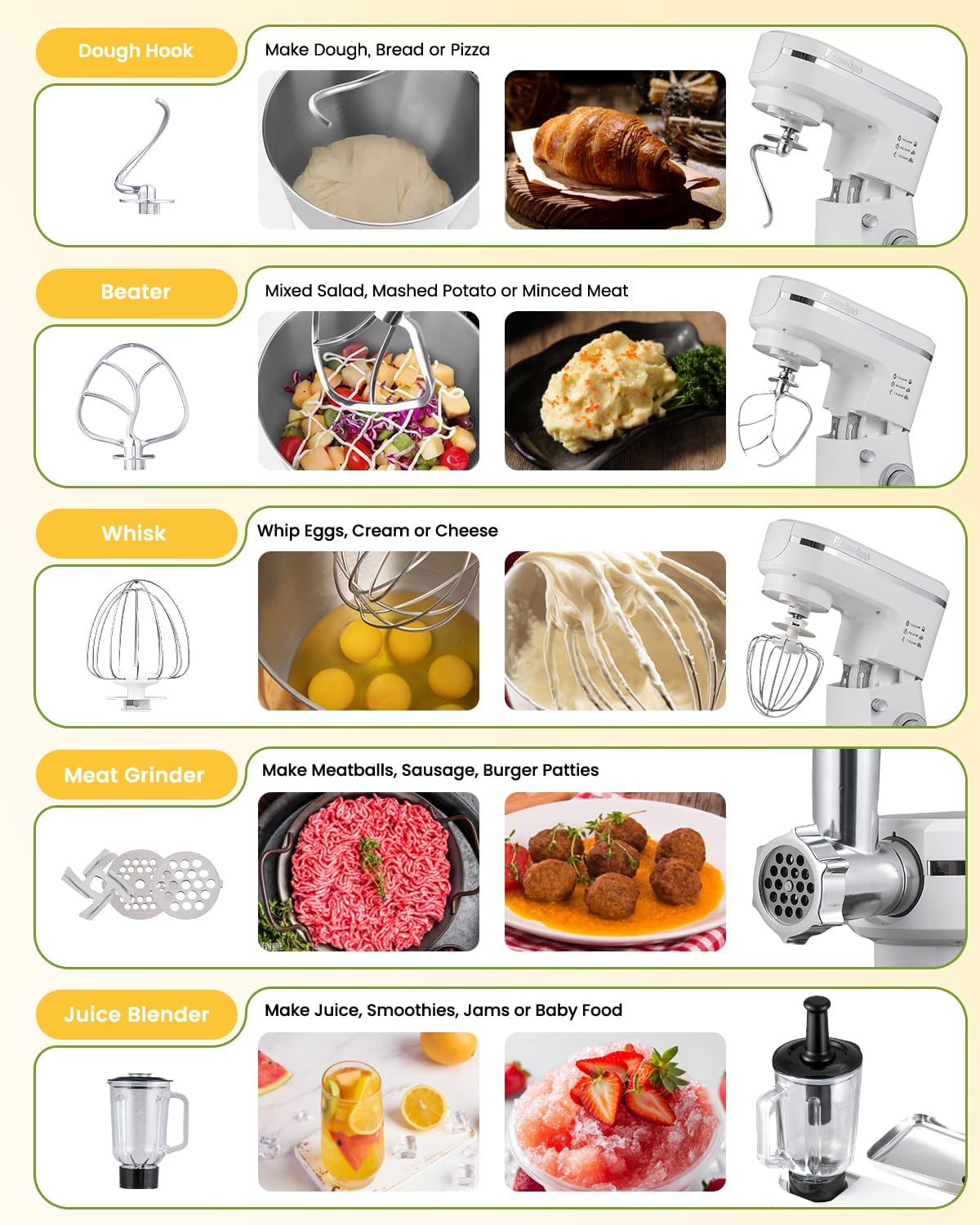 Stand Mixer 7-IN-1 1500W 6.5 QT Multifunctional Electric Kitchen Mixer 6+P Speed Tilt-Head with Stainless Steel Bowl&Handle, 1.5L Glass Jar, Meat Grinder, Dough Hook, Whisk, Pasta Attachments