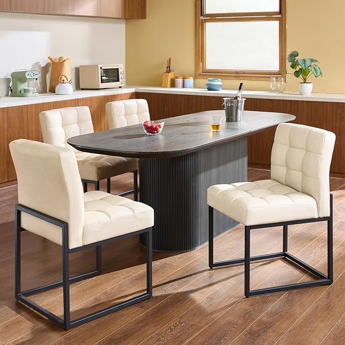 Beige Faux Leather Dining Chairs Set of 2, Mid-Century Modern Dining Room Chairs with Armless, Checkered Kitchen Chair with Metal Legs