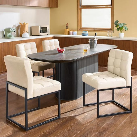 Beige Faux Leather Dining Chairs Set of 4, Mid-Century Modern Dining Room Chairs with Armless, Checkered Kitchen Chair with Metal Legs