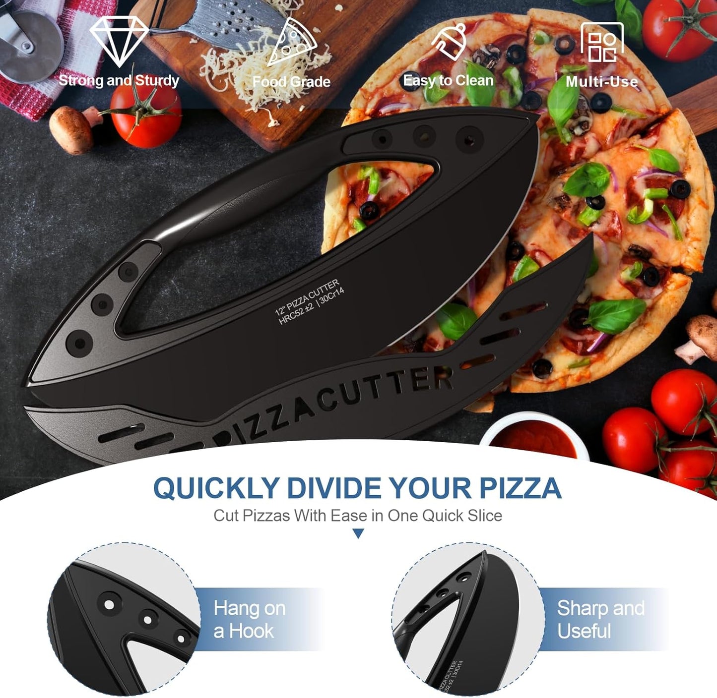 AILUROPODA 12-Inch Pizza Rocker Blade Cutter, Stainless Steel with Protective Cover, Black