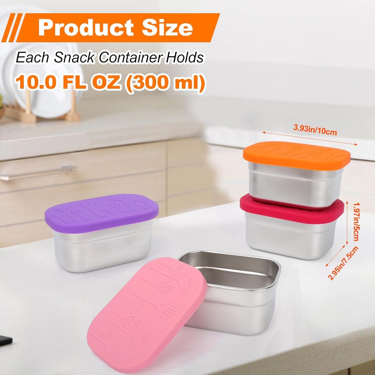 4 Pack Stainless Steel Snack Containers with Lids Set, 10oz Rectangular Easy Open Leakproof Reusable Snack Box Container for Lunch, Small Lunch Food Containers for Meal Prep, Salad Dressing To Go