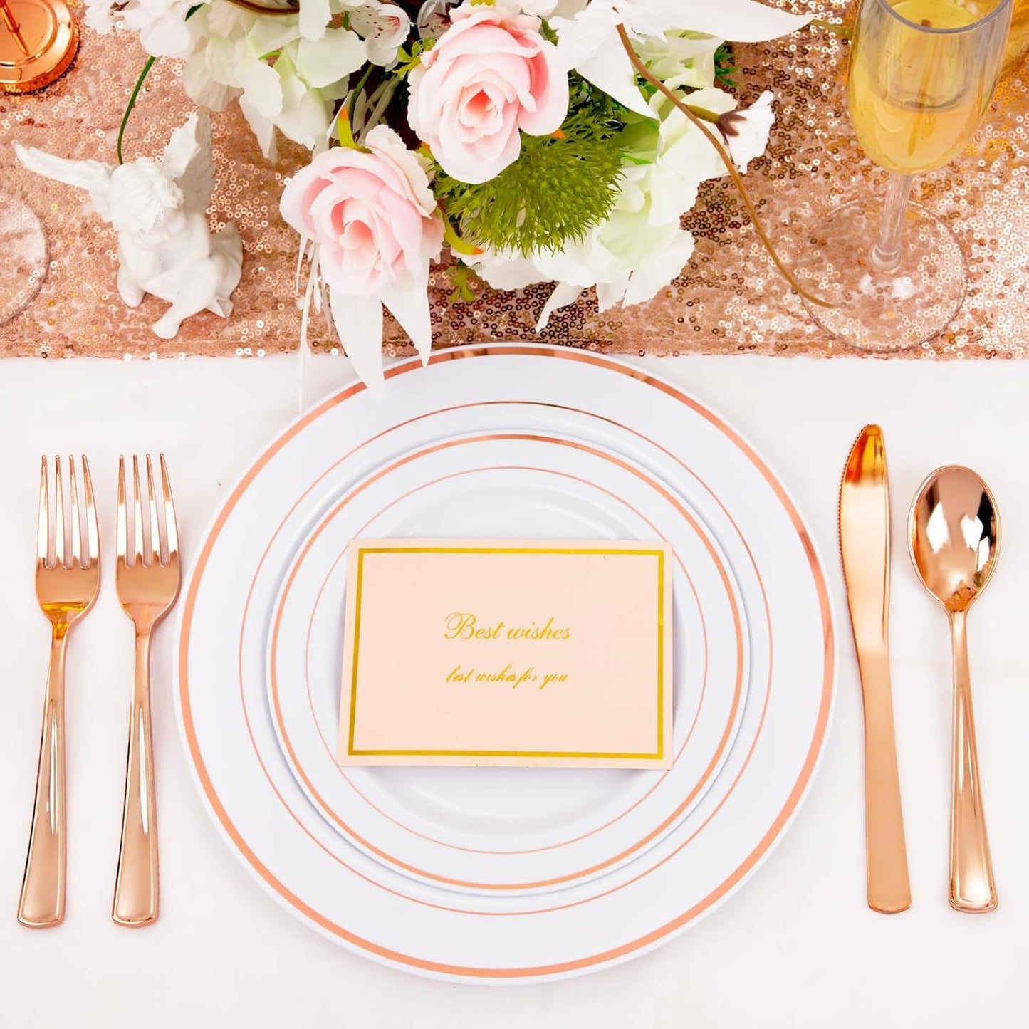 FLOWERCAT 60PCS Rose Gold Plastic Plates - Heavy Duty Rose Gold Plates Disposable for Party Wedding- Include 30PCS 10.25inch Dinner Plates and 30PCS 7.5inch Dessert Plates