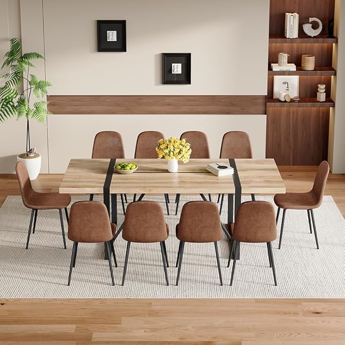 86.6" Dining Table Set for 10, Modern 11 Piece Wood Kitchen Table and Chairs Set, Large Rectangle Dining Table with 10 Suede Upholstered Chairs, Perfect for Family Gatherings and Dining Room