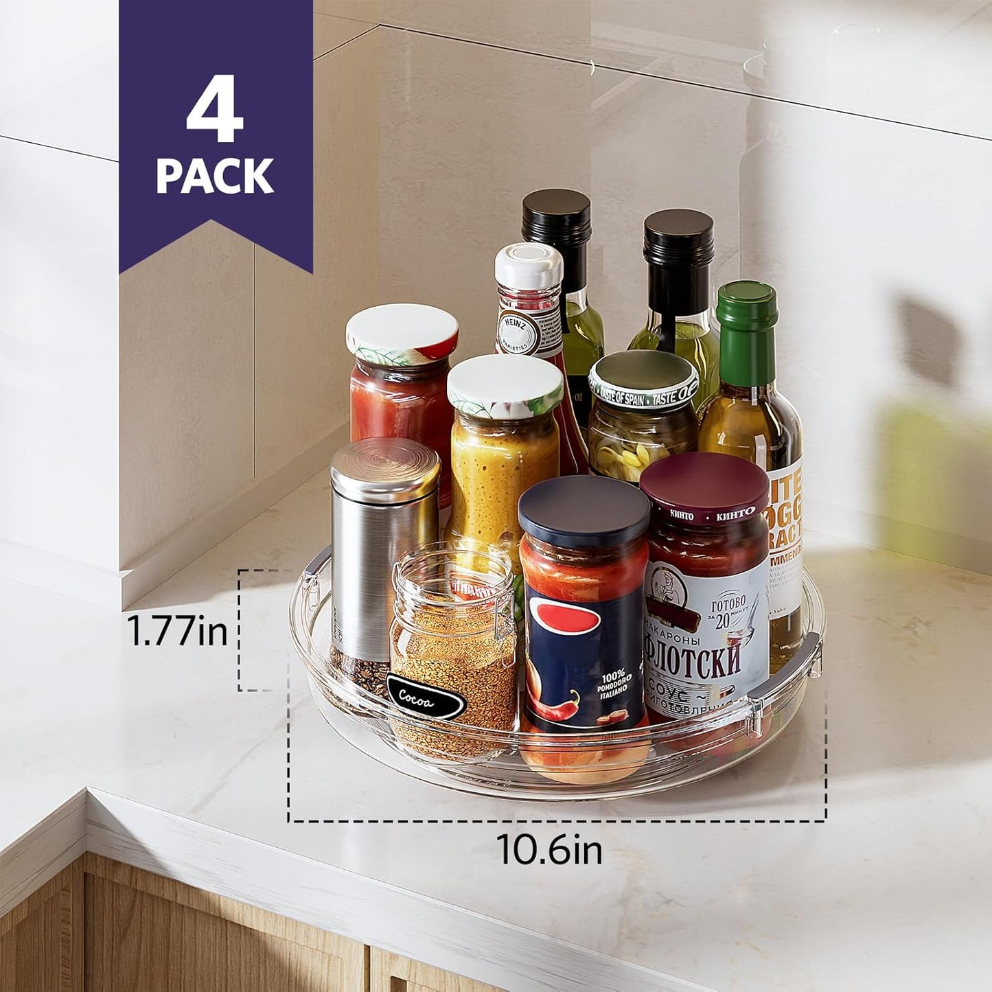 LAMU 4 Pack 10.6in Lazy Susan Organizer, Clear Lazy Susan Turntable for Cabinet, Refrigerator, Table Top, Kitchen, Bathroom, Pantry Organizers and Storage