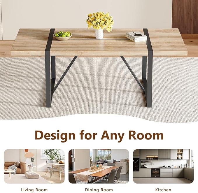 86.6" Light Wood Dining Table, Modern Large Rectangle Wood Table with Natural Wood Grain Finish, Sturdy Dining Room Table for 6-10 People, Ideal for Home, Apartment, or Office Use