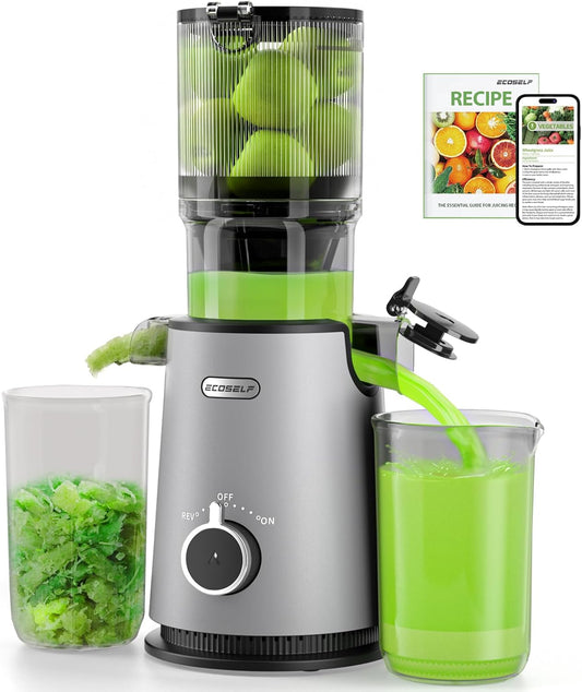 Cold Press Juicer, ECOSELF Juicer Machines with Large Feed Chute Fit Whole Fruits & Vegetables, Self Feeding for Juice Extractor Machine, Easy to Clean and Assemble, High Juice Yield