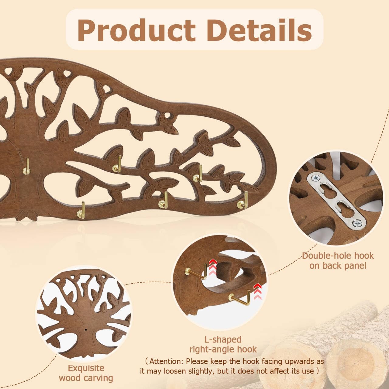 Liitrton Herb Drying Rack Hanging, Wall-mounted Drying Rack for Herbs, Wooden Tree Decor Design, Holds 11 Hooks with Rope and Kraft Labels, Space-saving Plant Herb Flower Dryer, Wall Art Decor